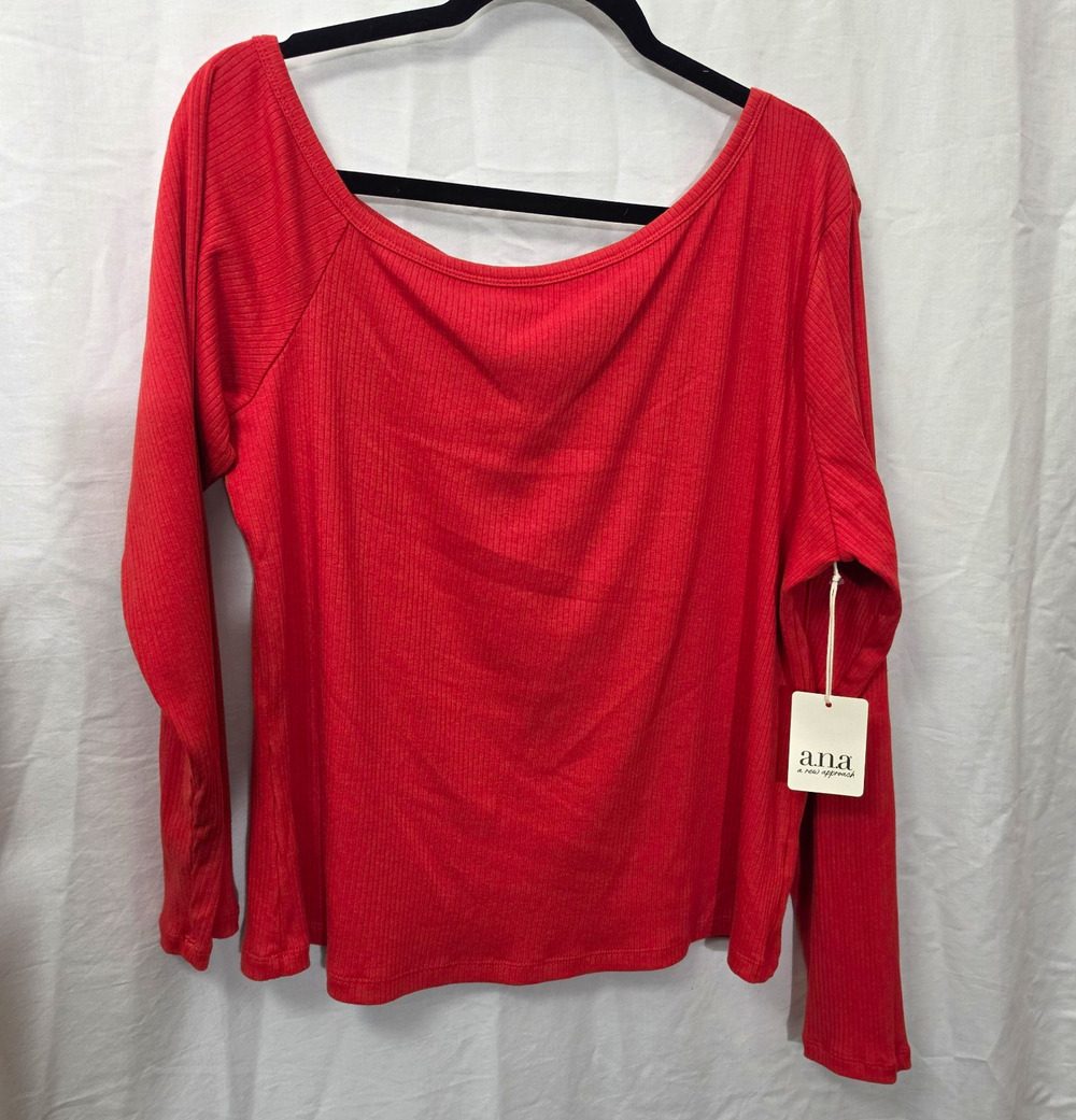 a.n.a Womens Plus 1X Red Solid Rib Knit Scoop Neck Long Raglan Sleeve Top
